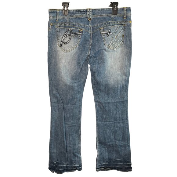 Akademiks Women's Y2K Distressed Bootcut Denim Jeans Yellow Stitching Size 36 - Picture 2 of 13